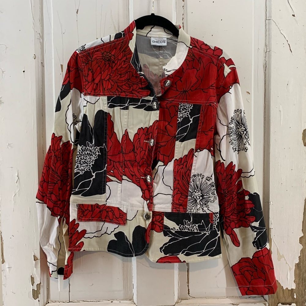 Chico’s Red Black Tan Floral Jacket